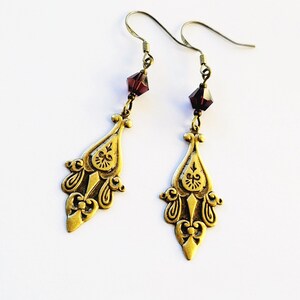 Victorian Style Dangle Earrings, Ornate Bronze Filigree Earrings, Purple Crystal Victorian Drop Earrings, Victorian Jewelry