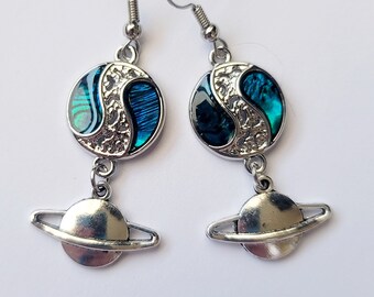 Celestial Planet Earrings, Silver Saturn Blue Nebula Outer Space Earrings, Fun Space Earrings, Iridescent Planet Earrings, Space Earrings