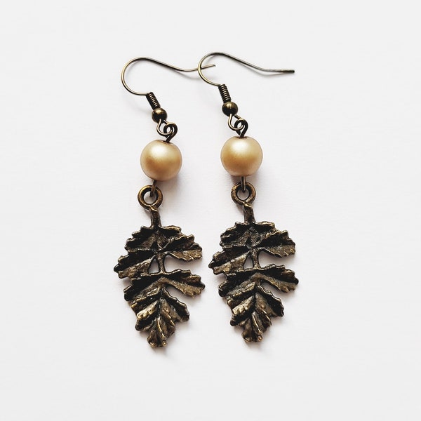 Autumn Leaf Earrings, Bronze Fall Leaf Dangle Earrings, Golden Pearl Autumn Neutral Tone Falling Leaf Earrings, Nature Forest Earrings