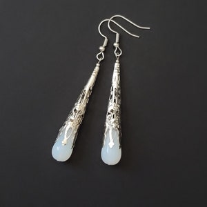 Opalite Teardrop Victorian Style Filigree Earrings, Elegant Victorian Long Drop Earrings, Opalite Dangle Earrings, Ornate Earrings