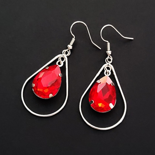 Red Sparkle Teardrop Chunky Gothic Dangle Earrings, Bright Red Crystal Teardrop Earrings, Red Statement Earrings, Fun Costume Jewelry