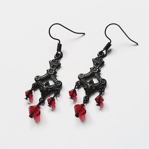 Gothic Black Chandelier Earrings, Red Crystal Goth Dangle Earrings, Elegant Gothic Black Filigree Earrings, Black and Red Goth Jewelry