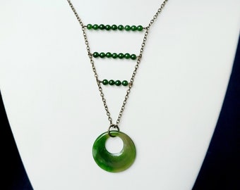 Green Jade Necklace, Boho Green Jade Nature Forest Necklace, Layered Necklace, Green Bronze Tiered Necklace