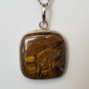 Tigers Eye Jewelry Set, Large Square Tigers Eye Pendant, Beaded Silver Gemstone Jewelry Set