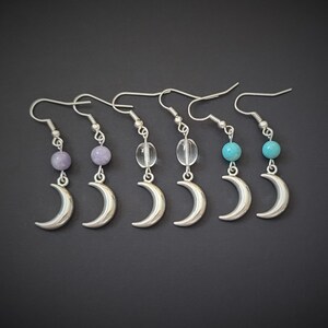 Crescent Moon Earrings, Silver Moon Stone Earrings, Gemstone Moon Earrings, Witchy Moon Earrings, Your Choice Stone Moon Earrings