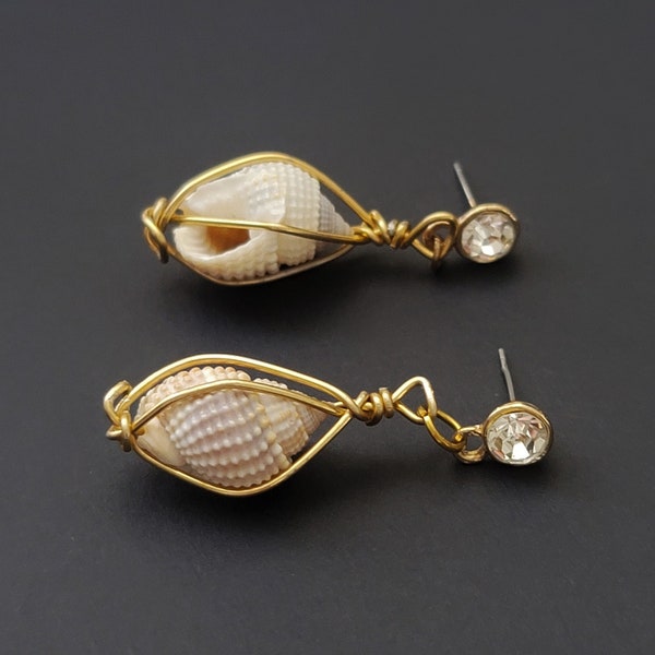 Wire Wrapped Seashell Earrings, Gold Sparkle Stud Conch Shell Earring, Seashell Dangle Stud Earrings, Wire Wrapped Shell Stud Earrings