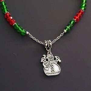 Christmas Snowman Necklace, Red and Green Holiday Necklace, Winter Jewelry, Christmas Necklace, Snowman Necklace, Festive Winter Necklace