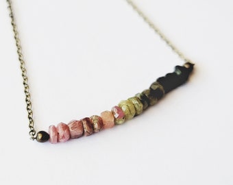 Rainbow Tourmaline Necklace, Natural Watermelon Tourmaline Bar Necklace, Raw Crystal Necklace, Gemstone Bar Necklace, Layering Necklace