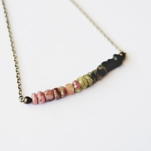 Rainbow Tourmaline Necklace, Natural Watermelon Tourmaline Bar Necklace, Raw Crystal Necklace, Gemstone Bar Necklace, Layering Necklace