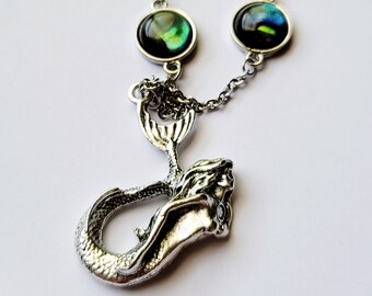 Silver Mermaid Pendant, Mermaid Necklace, Abalone Shell Beach Necklace, Mermaid Beach Ocean Tropical Jewelry