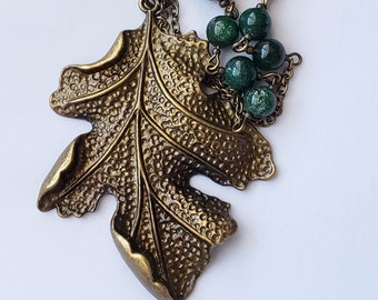 Leaf Pendant, Bronze Leaf Necklace, Autumn Leaf Jewelry Set, Long Fall Necklace, Green Stone Jewelry Set