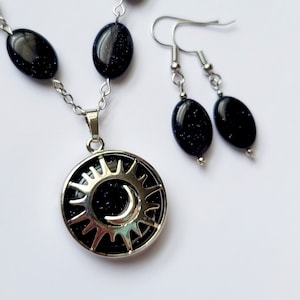 Blue Goldstone Necklace, Sun and Moon Necklace Silver, Black and Silver Gemstone Necklace, Celestial Necklace, Outer Space Jewelry