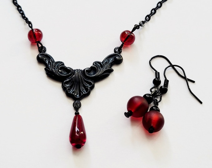 Gothic Jewelry Set, Black and Red Gothic Jewelry, Elegant Black Necklace, Goth Jewelry for Women, Red Gothic Necklace, Gothic Jewelry Gift