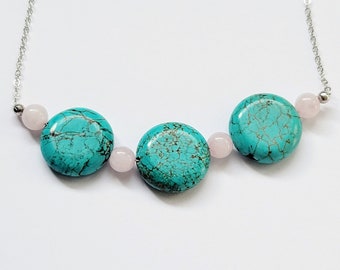 Turquoise and Rose Quartz Necklace, Boho Necklace, Cute Jewelry, Simple Gemstone Necklace, Turquoise Jewelry, Rose Quartz Jewelry