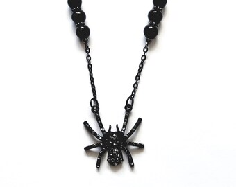 Black Spider Necklace, Black Gothic Halloween Necklace, Black Spider Halloween Creepy Gothic Fun Sparkle Necklace