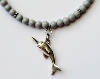 Narwhal Necklace, Grey and Silver Narwhal Charm Necklace, Grey Beaded Ocean Narwhal Jewelry, Narwhal Gift, Silver Narwhal Pendant