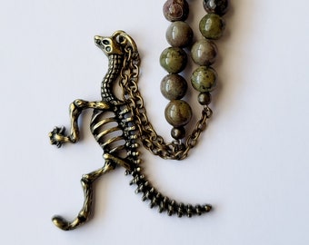 Dinosaur Skeleton Necklace, Beaded Bronze Dinosaur Pendant, Dinosaur Bones Jewelry, Dinosaur Fossil Skeleton Necklace