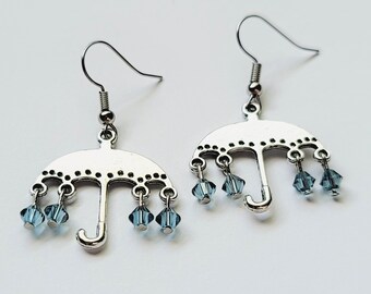 Umbrella Earrings, Rainy Day Earrings, Umbrella Jewelry, Blue Crystal Dangle Earrings