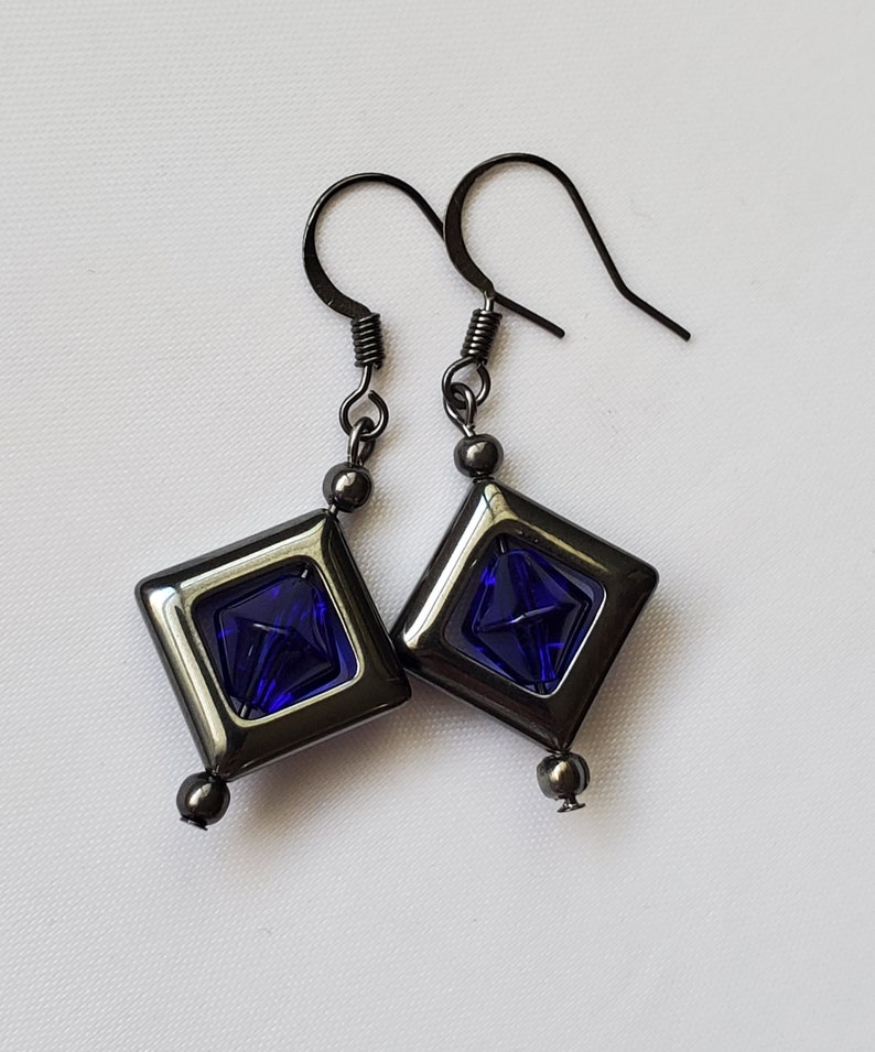 Blue Floating Grey Diamond Earrings Unusual Interesting Blue Hovering Hematite Dangle Earrings