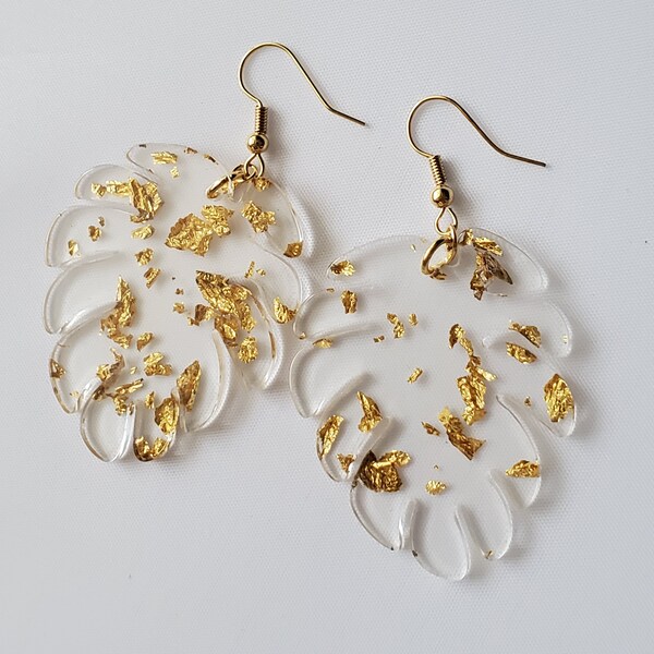 Gold Flake Large Leaf Earrings, Monstera Leaf Earrings, Clear Gold Trending Leaf Acetate Earrings, Large Gold Tropical Leaf Jewelry