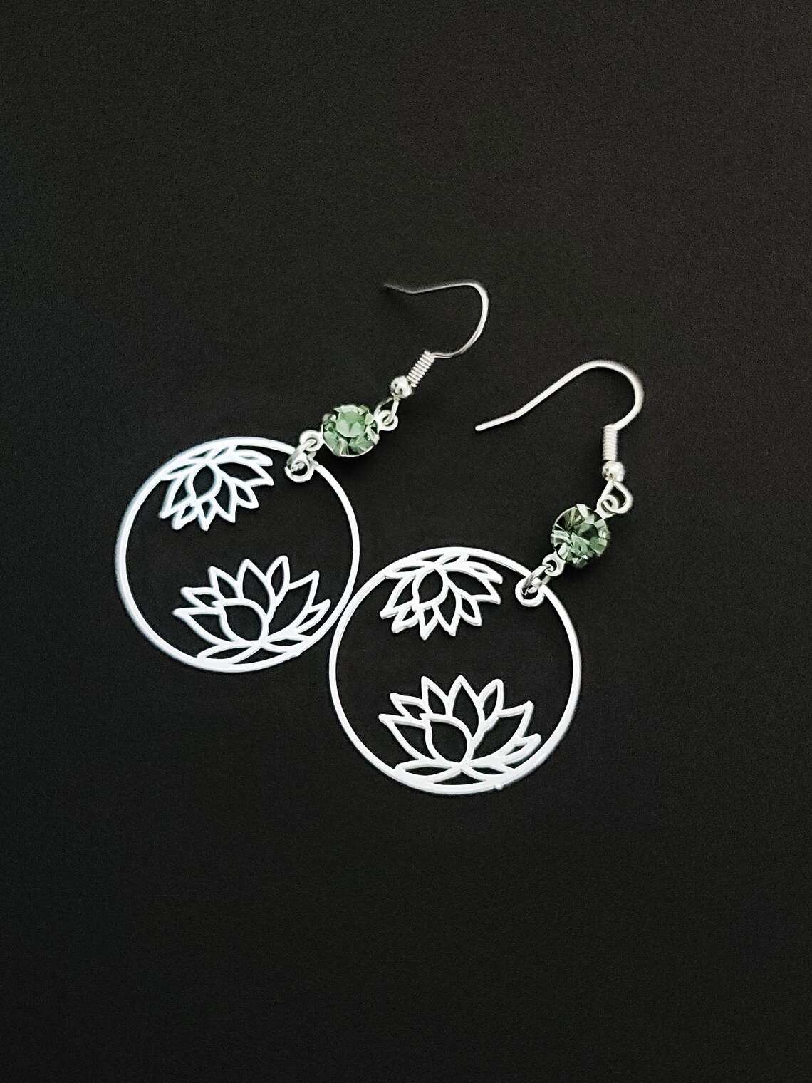 Elegant Lotus Flower Earrings Green Crystal Floral Dangle Etsy
