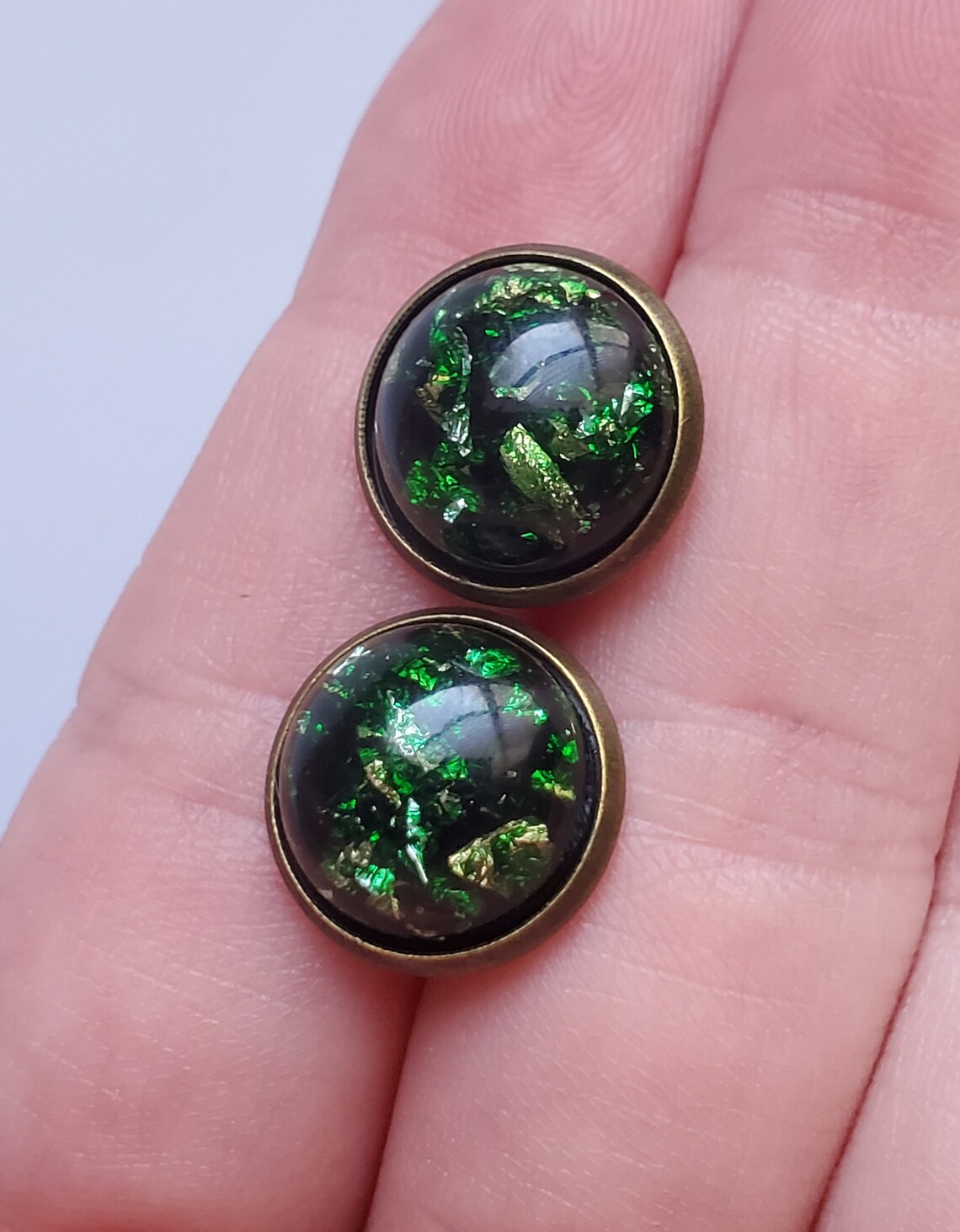 Green Stud Earrings Large Dark Green Shimmer Stud Earrings Etsy