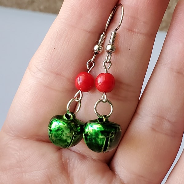 Green and Red Jingle Bell Earrings, Christmas Bell Earrings, Jingle Bell Christmas Earrings, Holiday Bell Earrings, Green Jingle Bell