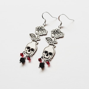 Gothic Floral Skull Earrings, Red and Black Crystal Gothic Dangle Earrings, Romantic Skull Drop Earrings, Goth Earrings