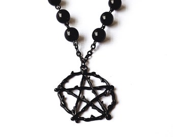 Black Pentagram Gothic Necklace, All Black Beaded Goth Necklace, Alternative Jewelry, Pentagram Necklace,
