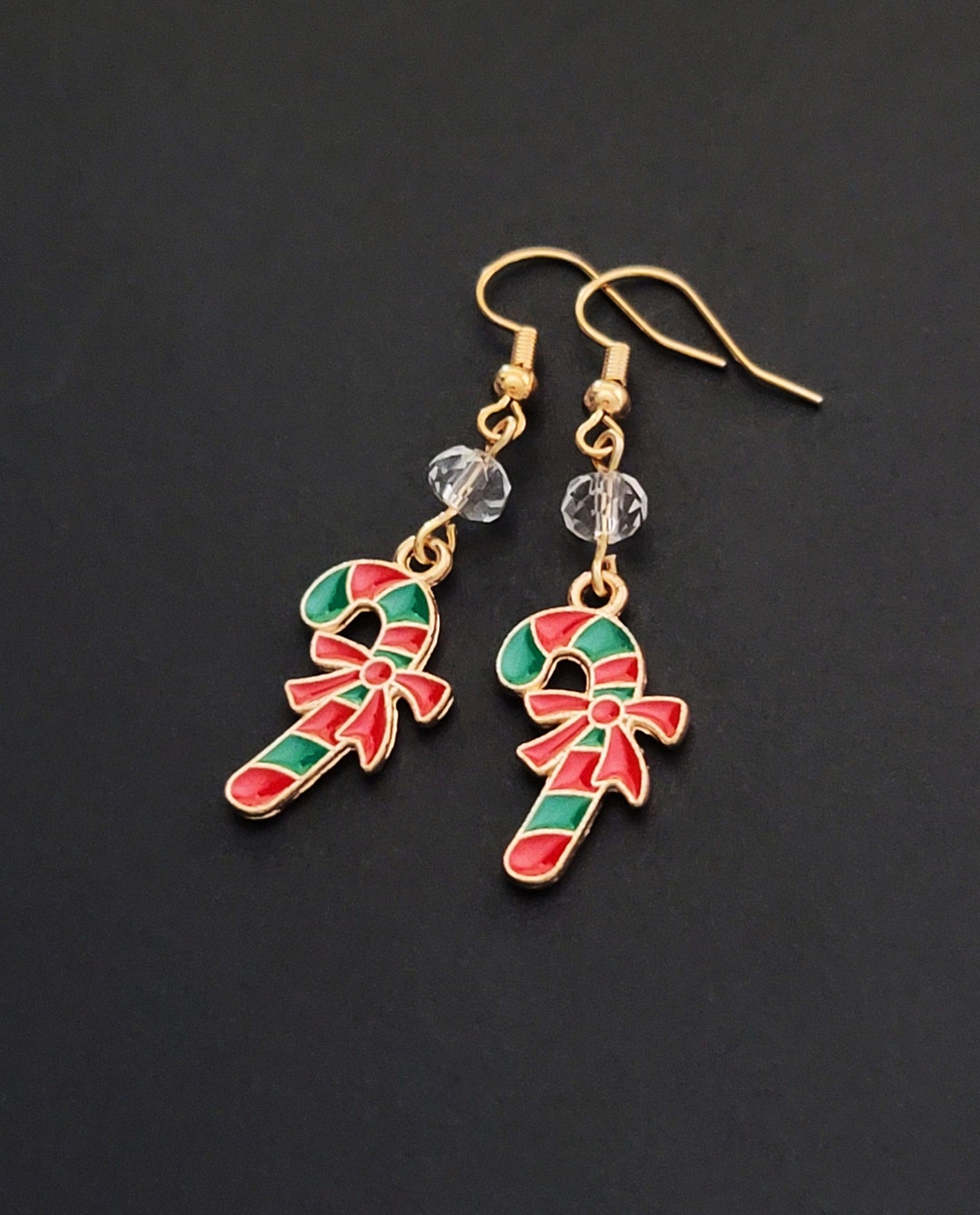 Candy Cane Earrings, Christmas Candy Cane Dangle Gold Earrings, Fun