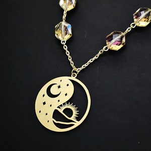 Sun and Moon Gold Pendant, Iridescent Crystal Gold Necklace, Day and Night Jewelry, Festival Boho Earth Necklace