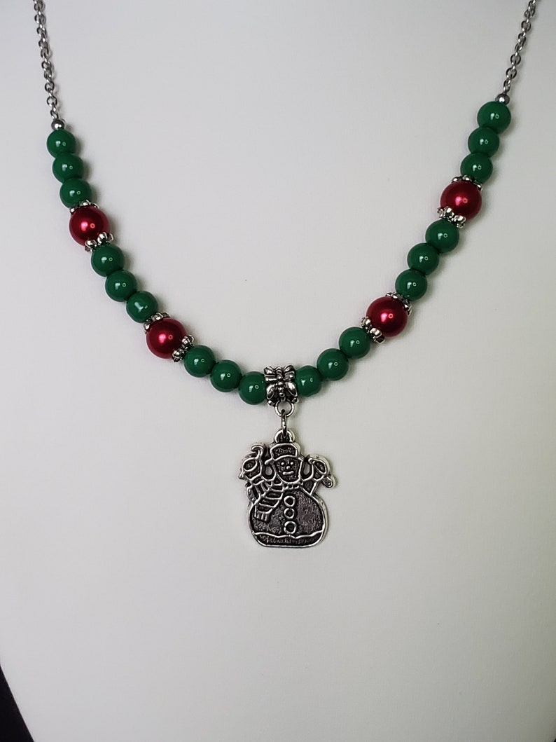 Snowman Winter Necklace Christmas Snowman Necklace Red and Green Holiday Necklace