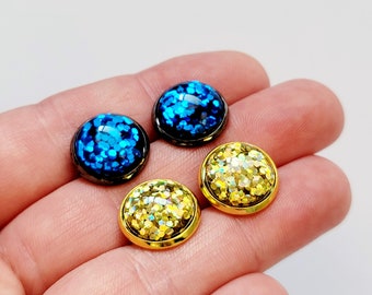 Sparkle Stud Earrings, Large Stud Earrings, Gold Glitter Stud Earrings, Blue Glitter Studs. Fun Sparkle Stud Earrings