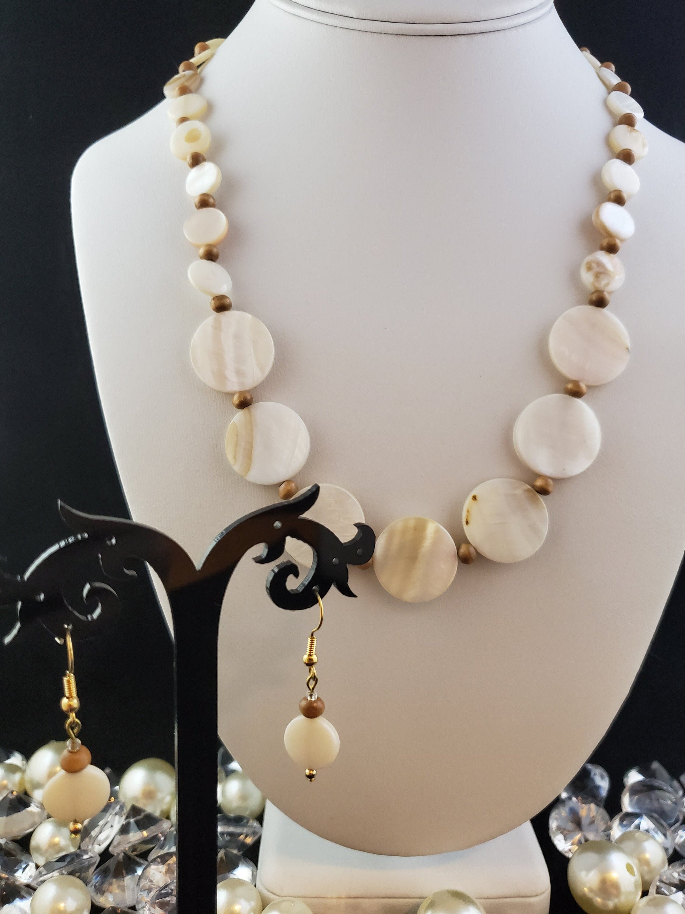 Pearl Statement Coin Necklace Wood and 