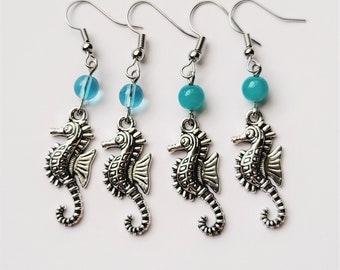 Seahorse Earrings, Large Silver Seahorse Dangle Earrings, Blue Seahorse Ocean Fun Drop Earrings, Tropical Nautical Earrings