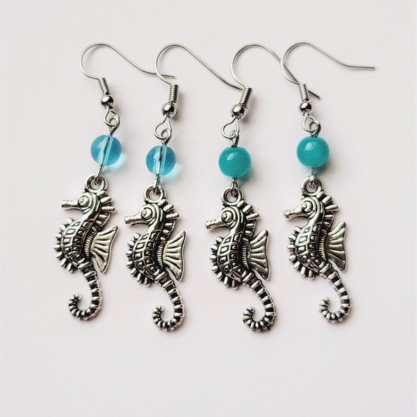 Seahorse Earrings, Large Silver Seahorse Dangle Earrings, Blue Seahorse Ocean Fun Drop Earrings, Tropical Nautical Earrings