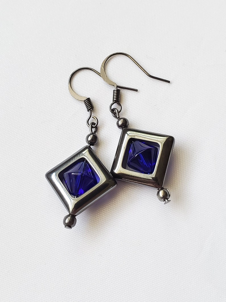 Blue Floating Grey Diamond Earrings Unusual Interesting Blue Hovering Hematite Dangle Earrings