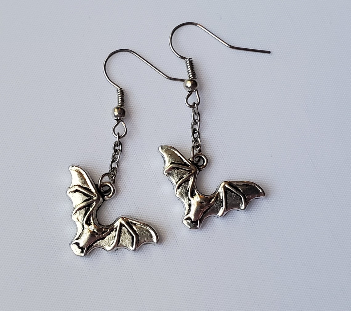 Bat Earrings Silver Dangle Bat Earrings Halloween Bat Etsy
