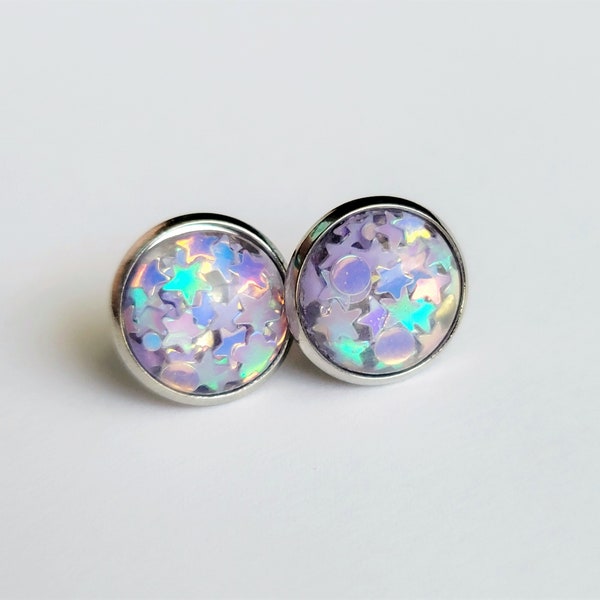 Iridescent Star Confetti Stud Earrings, Star Confetti Studs, Bright Holographic Party Stud Earrings, Cute Fun Bold Large Stud Earrings