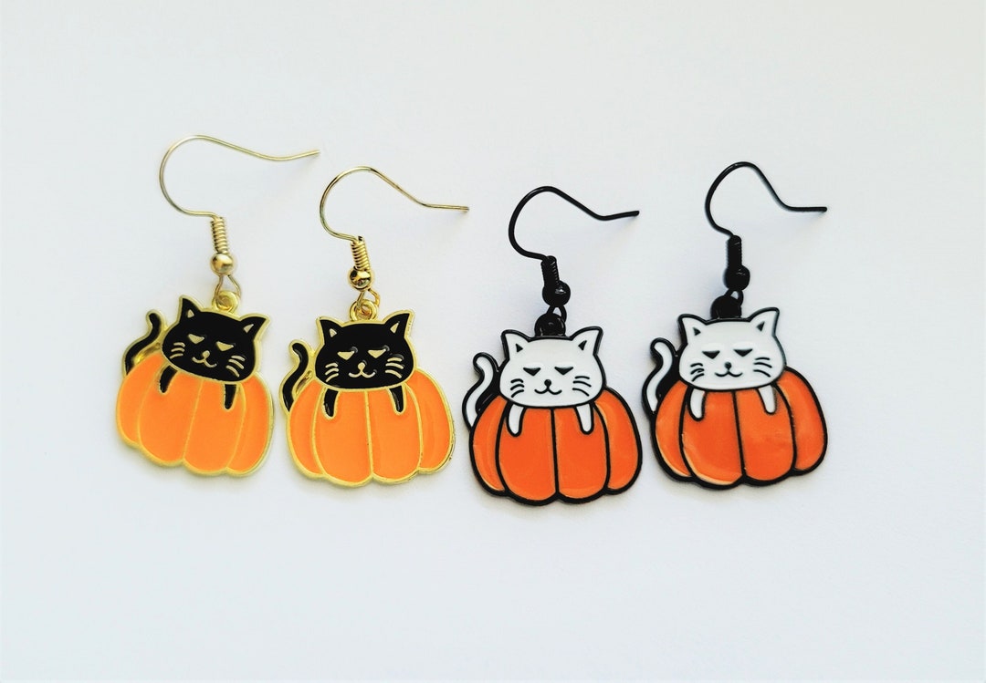 Halloween Cat Earrings Pumpkin Cat Earrings Cute Cat Etsy