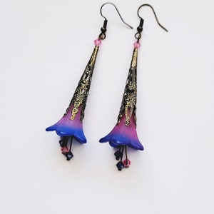 Pink and Blue Long Victorian Style Flower Earrings, Bold Blue Floral Drop Earrings, Bronze Filigree Victorian Floral Dangle Earrings