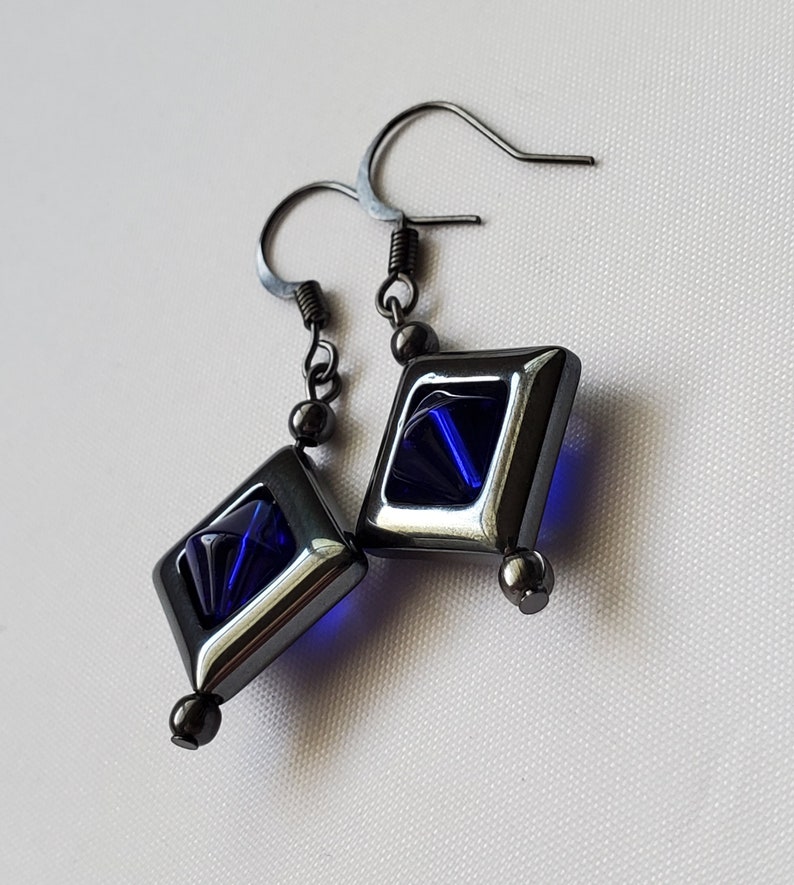 Blue Floating Grey Diamond Earrings Unusual Interesting Blue Hovering Hematite Dangle Earrings