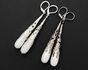 Victorian Silver Filigree Bell Earrings, White Pearlescent Teardrop Dangle Earrings, Elegant Victorian Style Shimmer Pearl Earrings