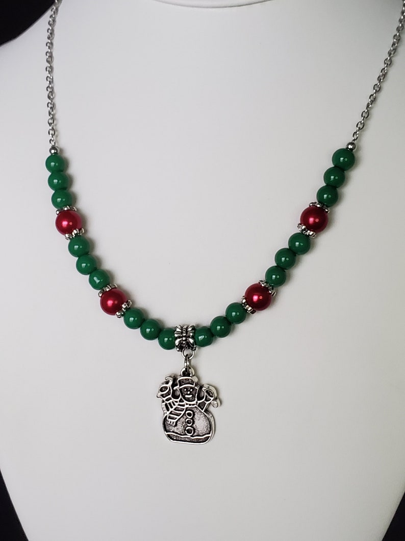 Snowman Winter Necklace Christmas Snowman Necklace Red and Green Holiday Necklace