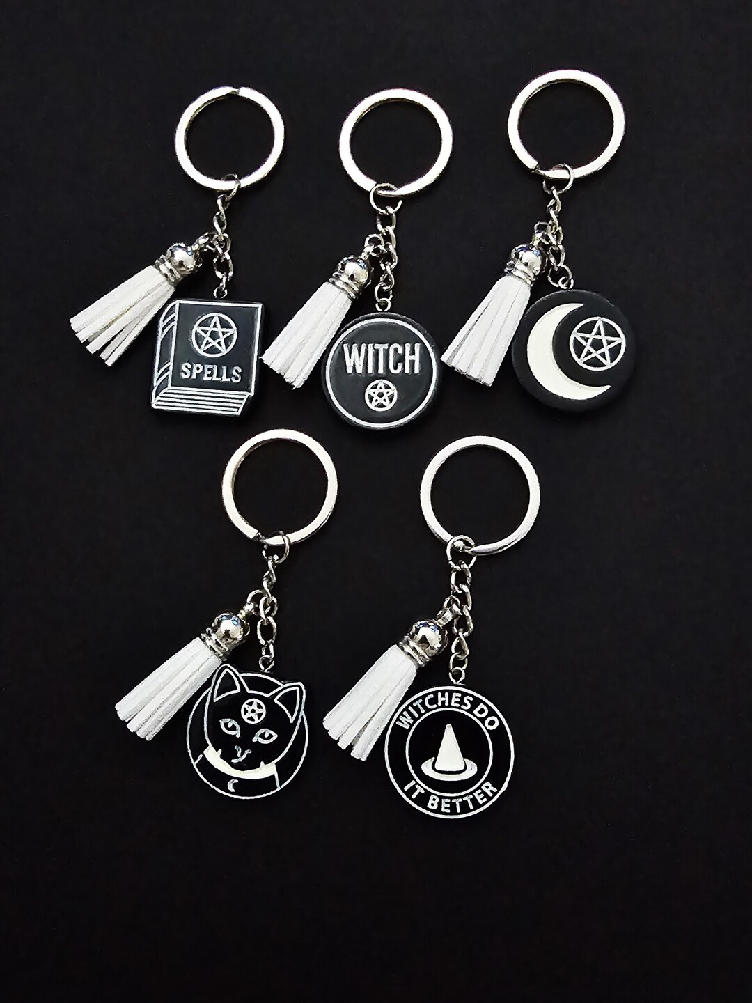Witch Keychain, Gothic Keychain, Pentagram Key Chain, Gothic Cat
