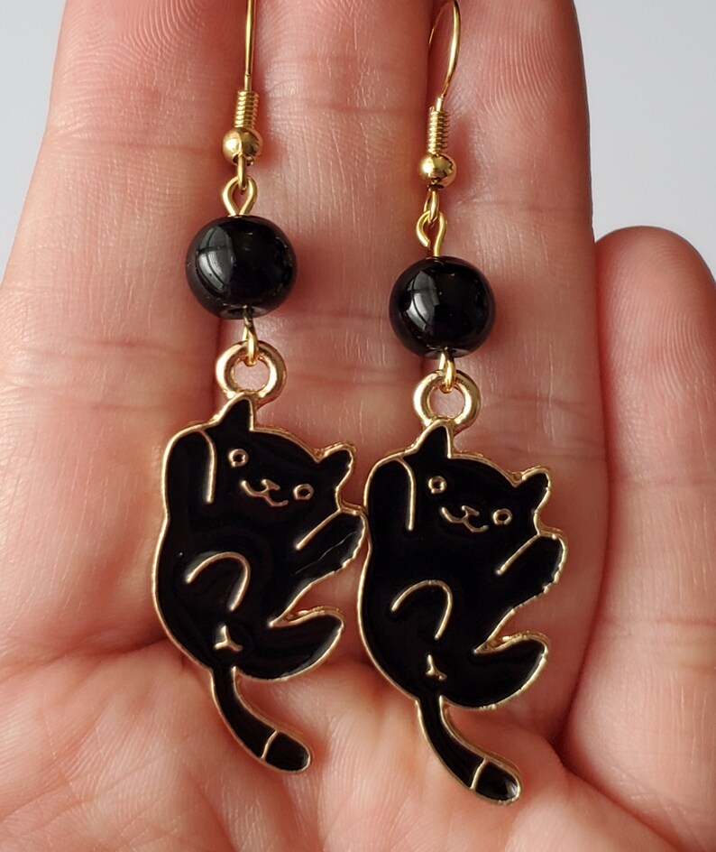 Cat Earrings Cat Dangle Earrings Black Cat Jewelry Funny Etsy