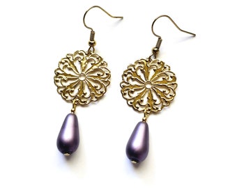 Elegant Filigree Victorian Style Dangle Earrings, Purple Pearl Teardrop Earrings, Renaissance Earrings