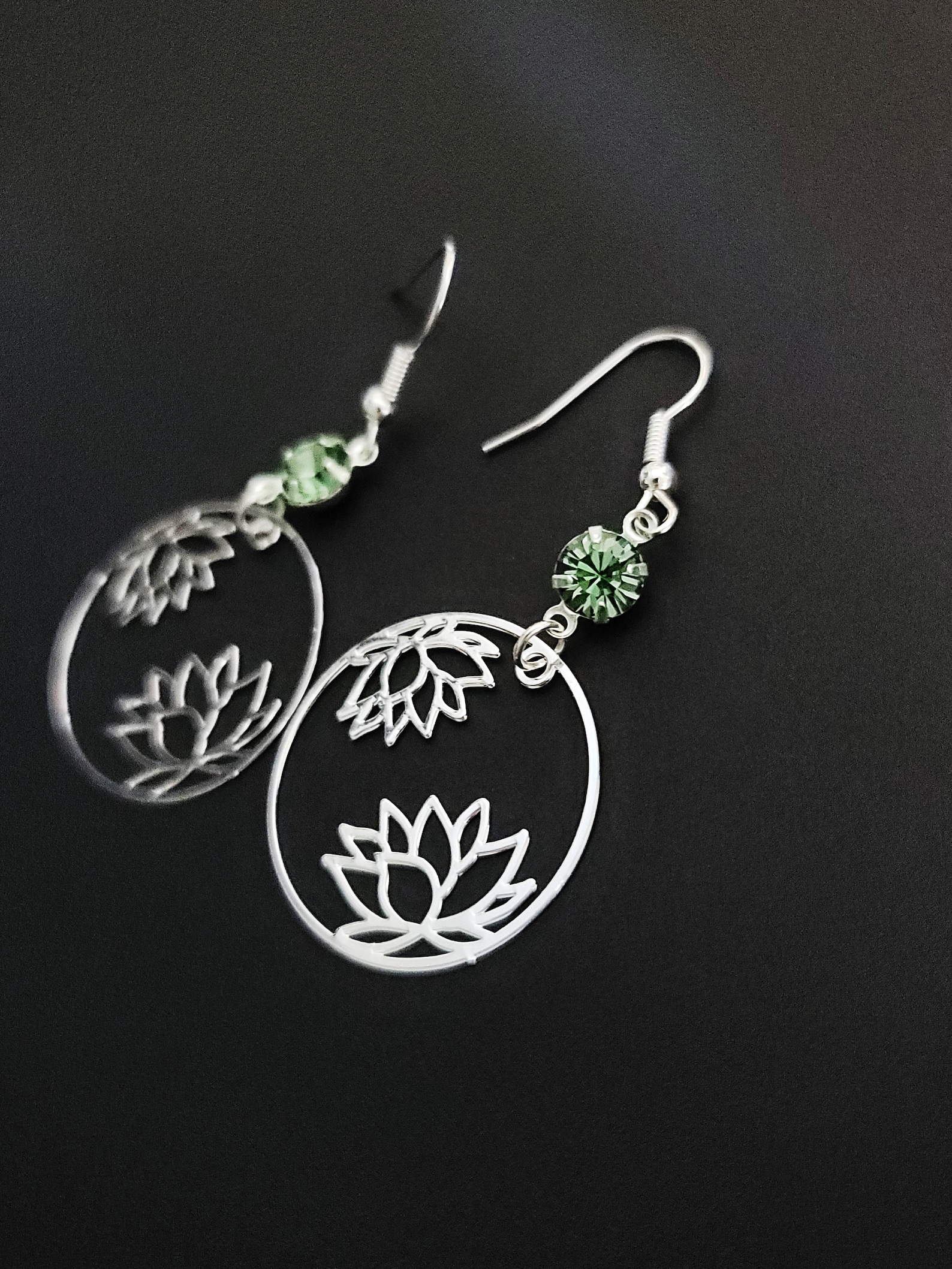Elegant Lotus Flower Earrings Green Crystal Floral Dangle Etsy