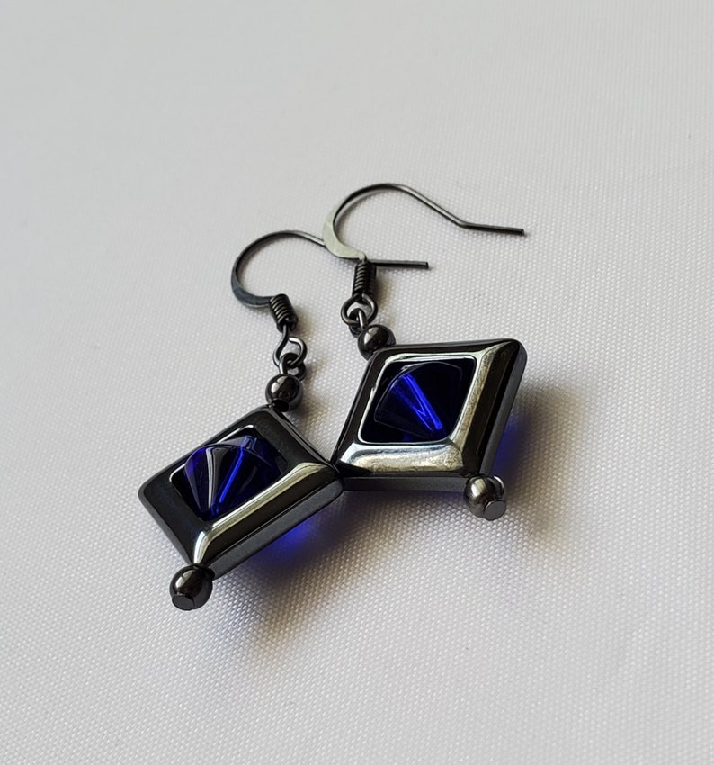 Blue Floating Grey Diamond Earrings Unusual Interesting Blue Hovering Hematite Dangle Earrings