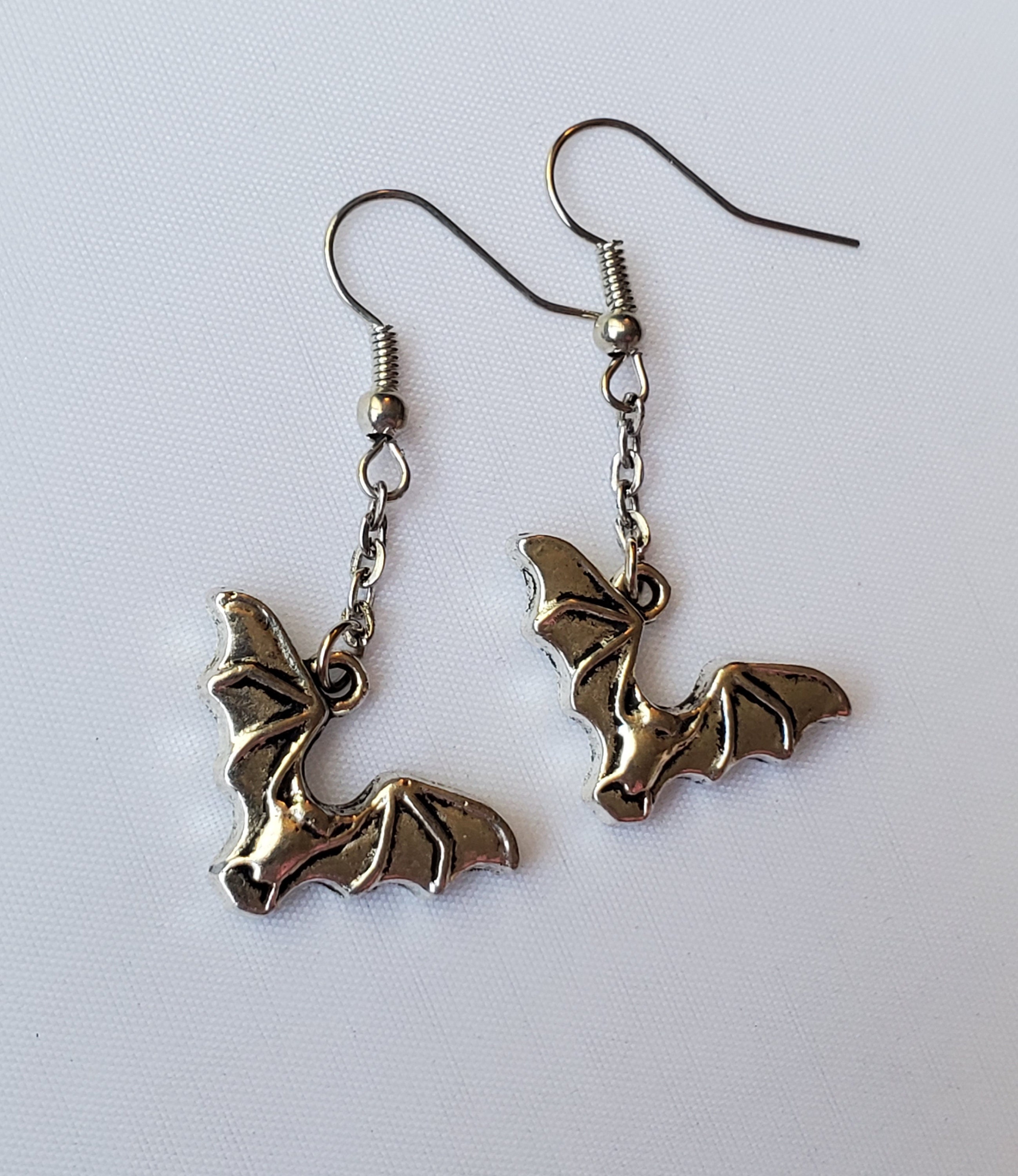 Bat Earrings Silver Dangle Bat Earrings Halloween Bat Etsy